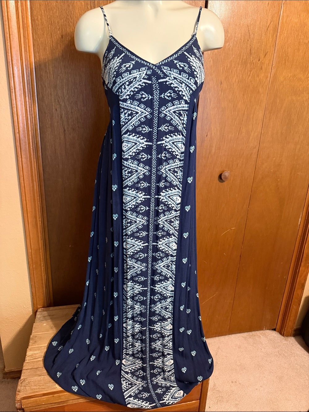 Navy Print Spaghetti-Strap Maxi Dress